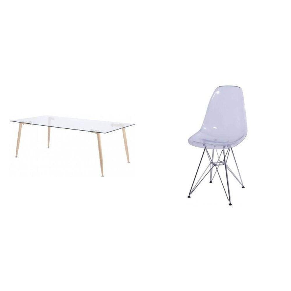 Conjunto de Sala de Jantar Mesa com Tampo de Vidro com 4 Cadeiras com Base de Madeira OR Design Transparente