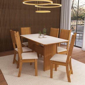 Conjunto de Cozinha Mesa 6 Cadeiras Atenas Indekes Freijo Assento Linho