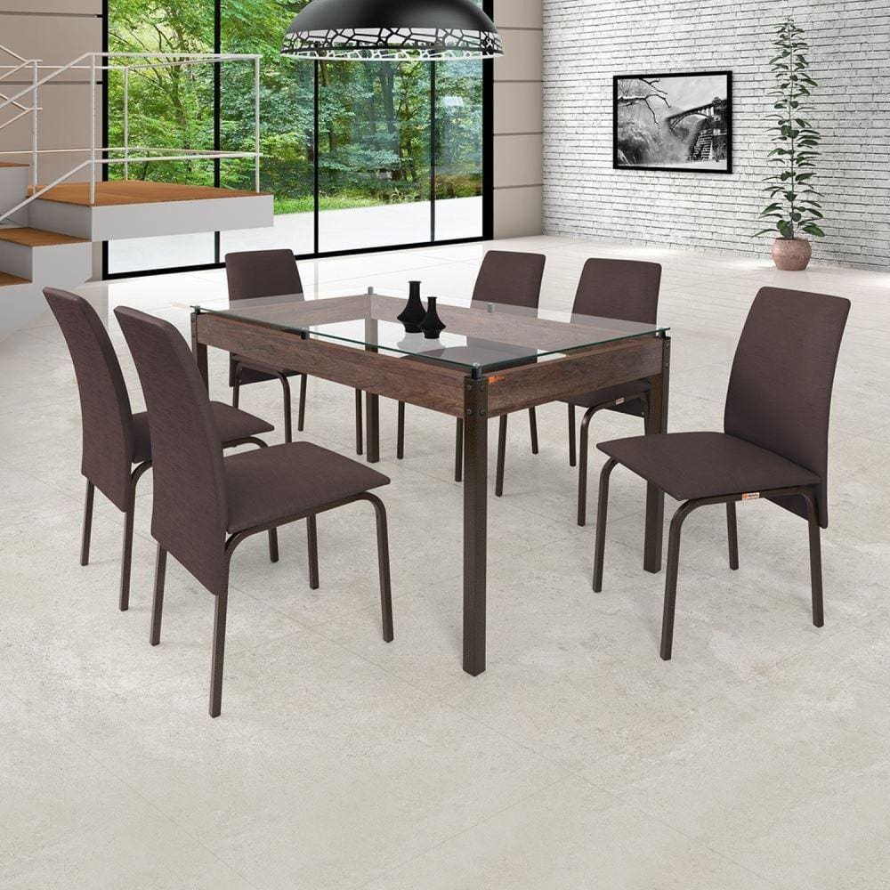 Conjunto Mesa 140cm Tampo em Vidro com 6 Cadeiras Barcelona Ciplafe Bronze/Linho Marrom