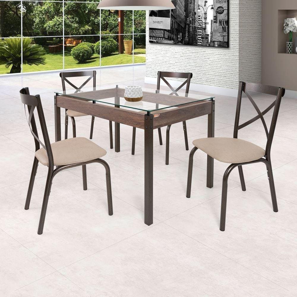 Conjunto Mesa 120cm Tampo em Vidro com 4 Cadeiras Karina Ciplafe Bronze/Linho Bege