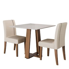 Conjunto de Mesa Sala de Jantar Atenas com 2 Cadeiras Carvalho/Off White/Bege 0,90m Quadrada Dobuê