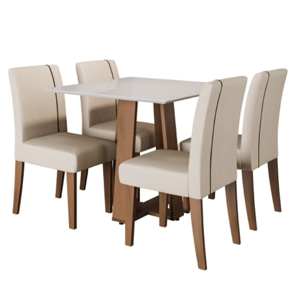 Conjunto de Mesa de Jantar Berlim II com Tampo de Vidro Off White e 4  Cadeiras Grécia Veludo Creme