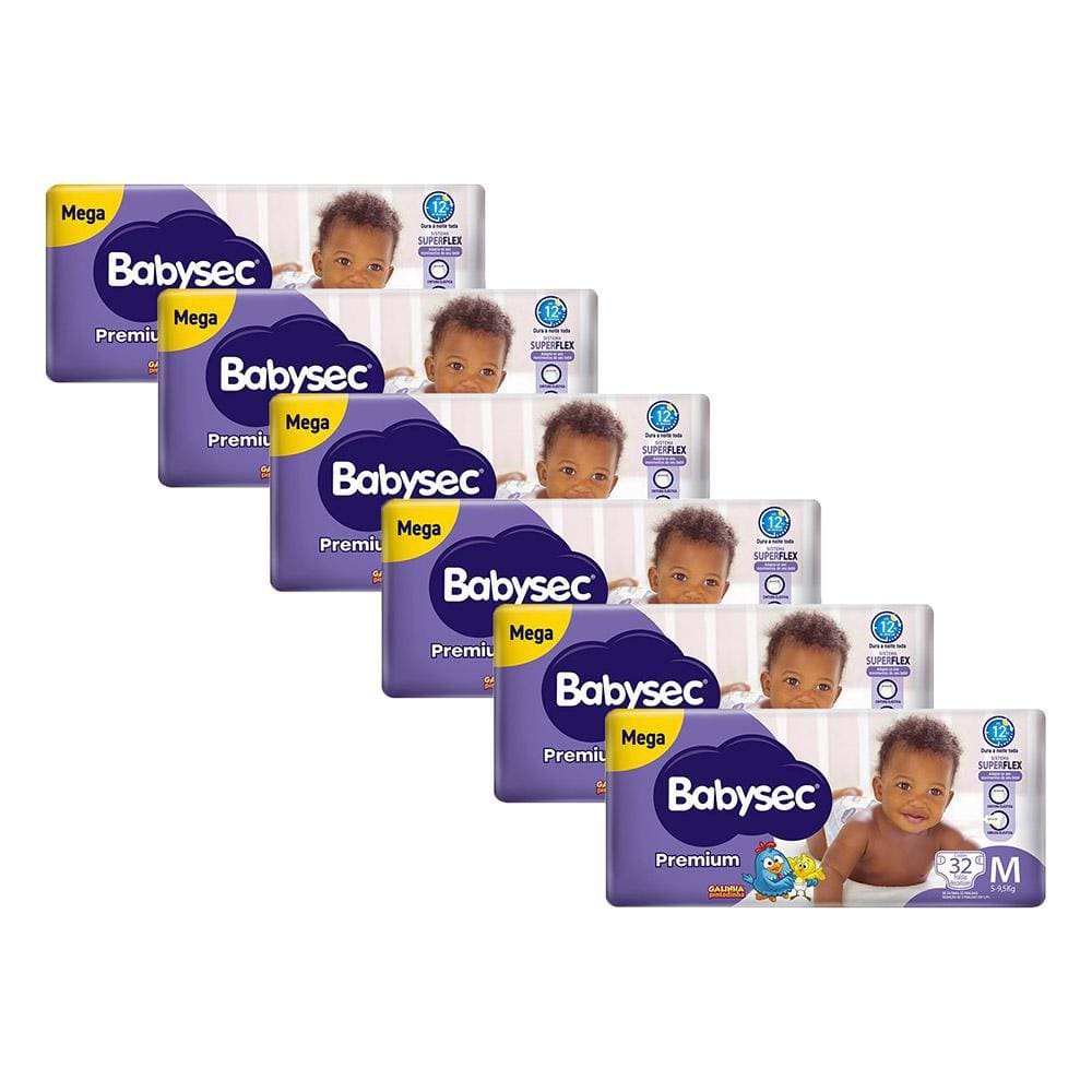 Kit 6 Fraldas Babysec Galinha Pintadinha Premium Tamanho M 32 unidades cada