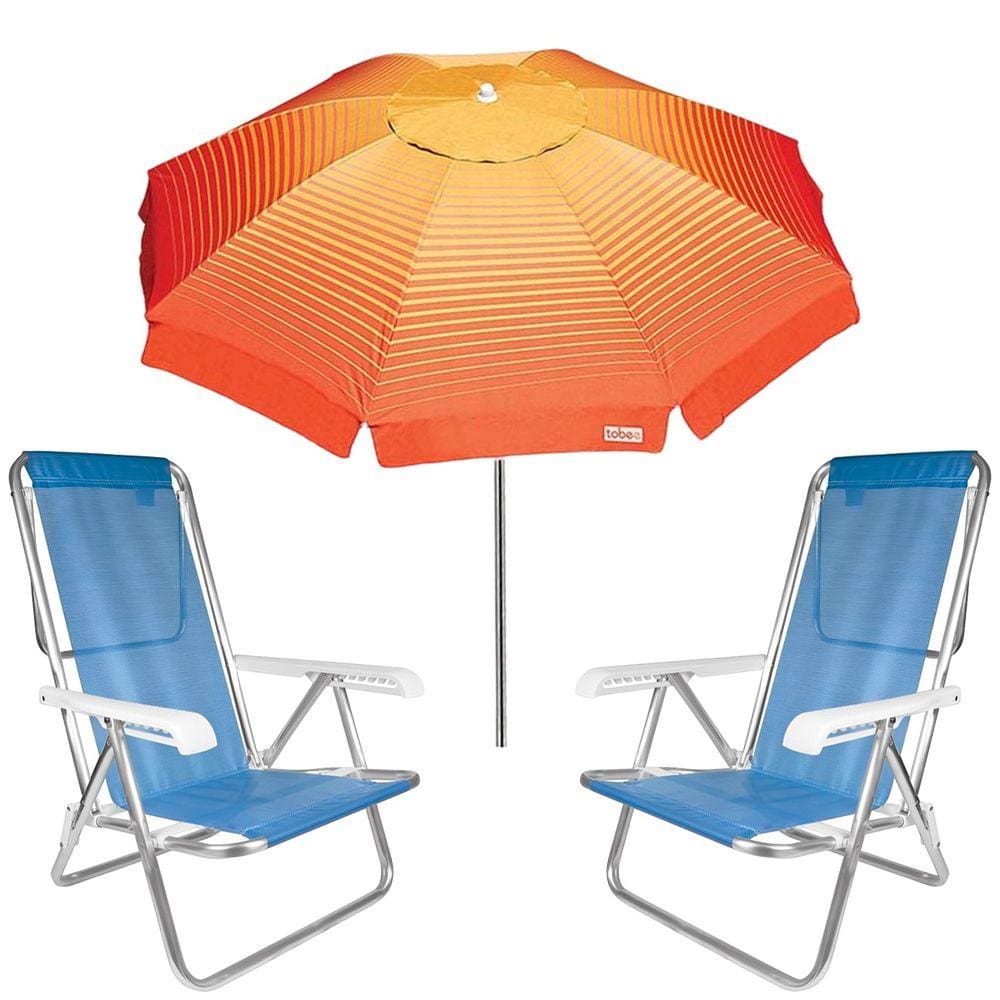 Kit Guarda Sol 2,2m Articulado Cancun Laranja Cadeira 8 Posições Alumínio Sannet Praia Piscina Camping