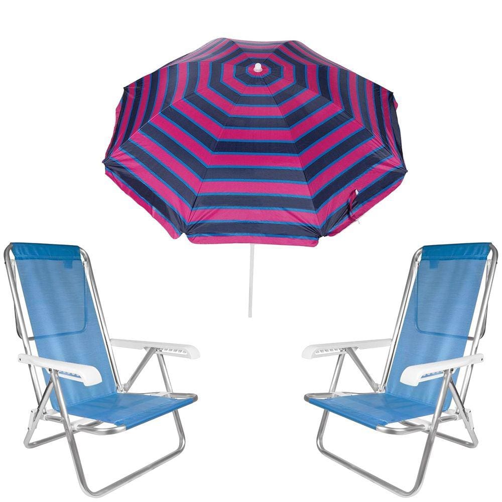 Kit Guarda Sol 1,8m Ipanema Pink Cadeira 8 Posições Alumínio Sannet Praia Piscina Camping