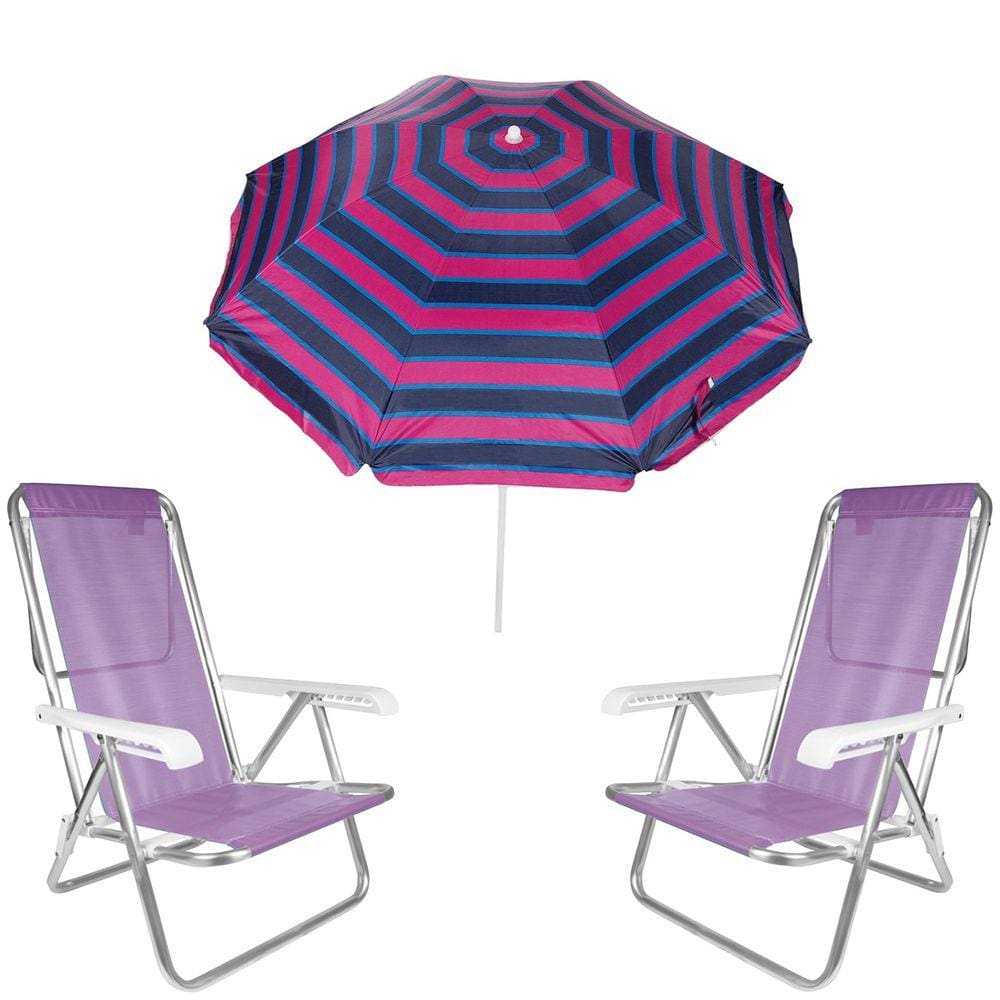 Kit Guarda Sol 1,8m Ipanema Pink Cadeira 8 Posições Alumínio Sannet Praia Piscina Camping