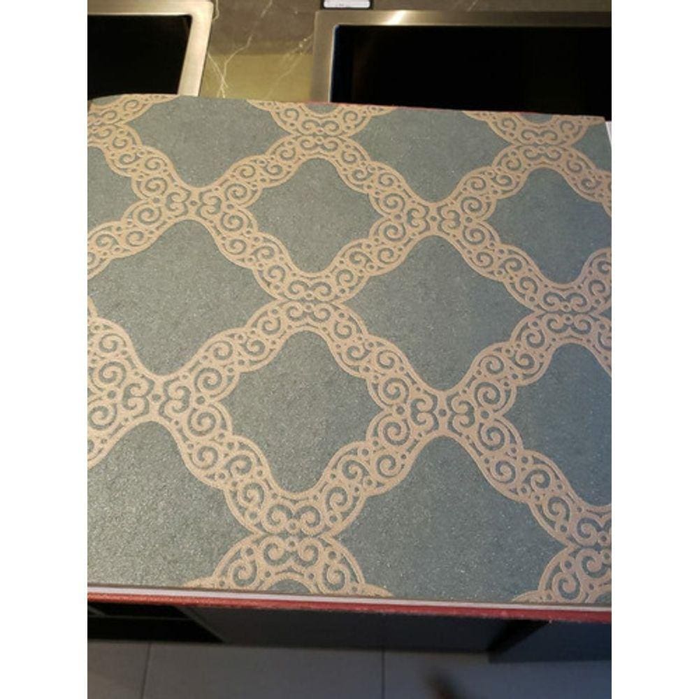 Papel De Parede Lavável Verde Com Arabesco Dourado