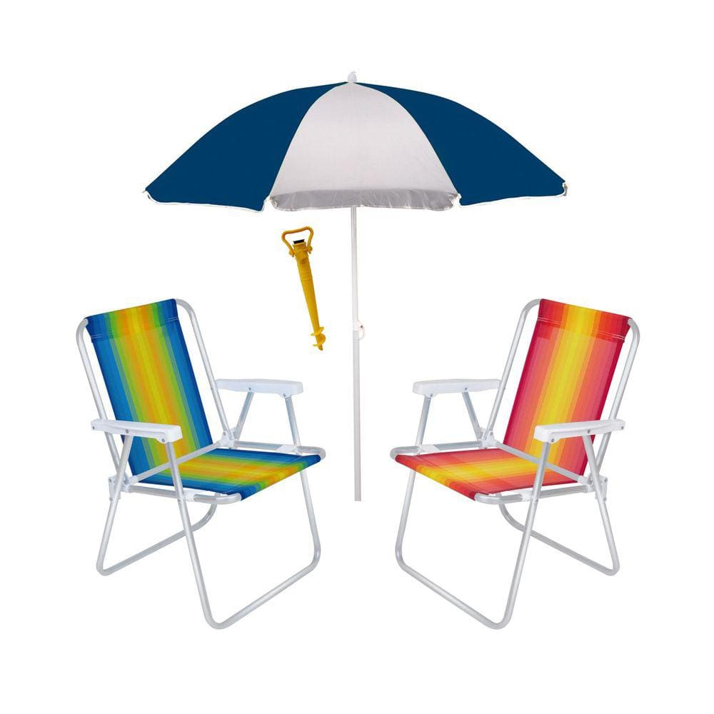 Kit 2 Cadeira Alta Alumínio + Guarda Sol 1,80 m Aço + Saca Areia - Mor