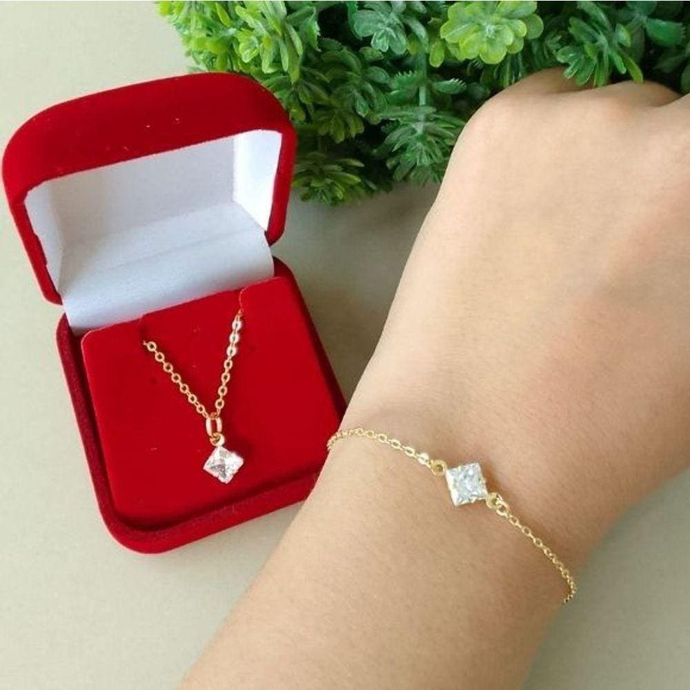 Conjunto Colar + Pulseira Pedra Retangular Banhado A Ouro