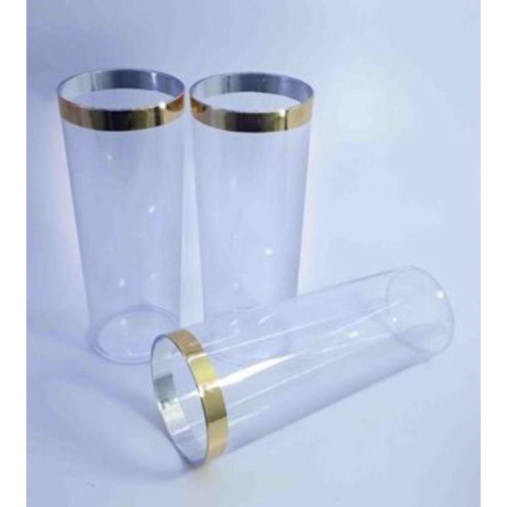 Kit 50 Copos Long Drink Plastico Rigido 350 Ml. Cristal Transparente C/ Borda Dourada