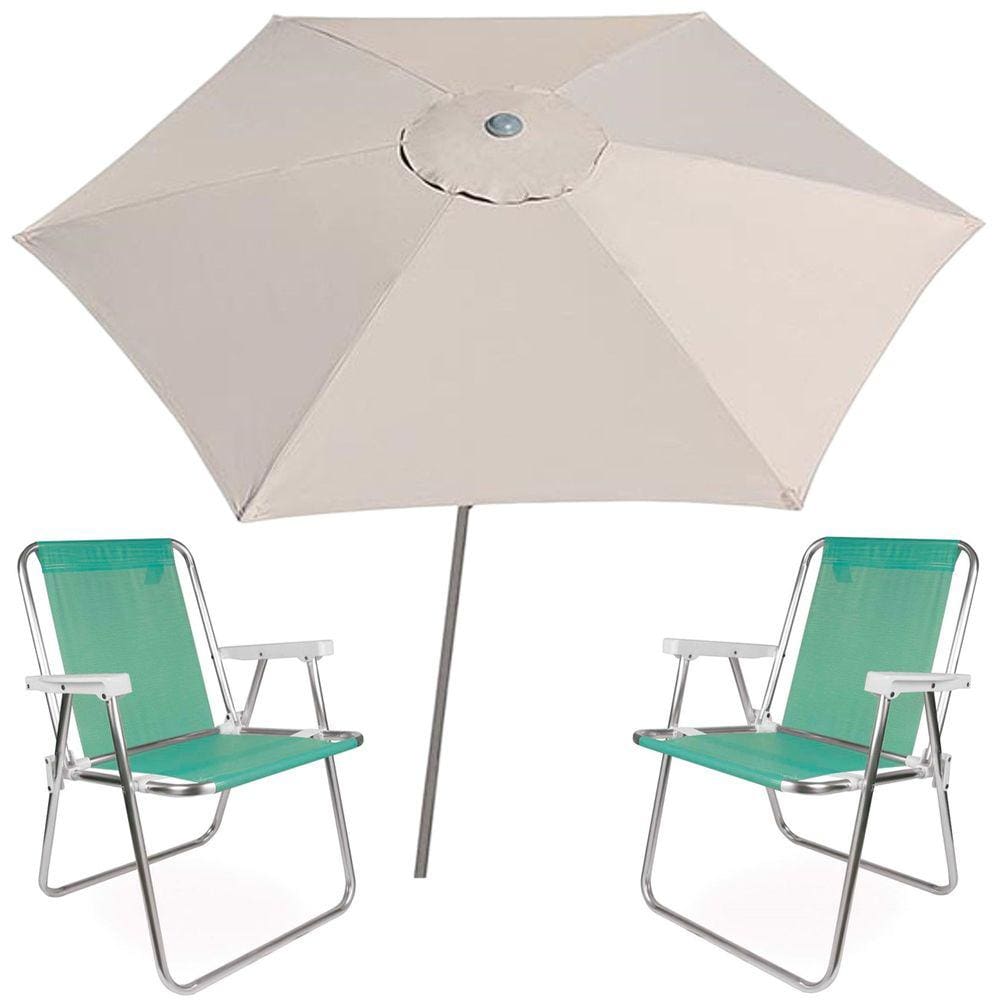 Kit Guarda Sol Ombrelone 2,4m Malibu Bege 2 Cadeira Alta Alumínio Sannet Praia Piscina Camping - Tobee
