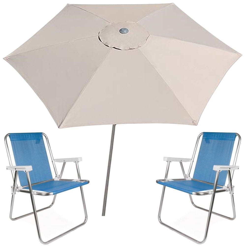 Kit Guarda Sol Ombrelone 2,4m Malibu Bege 2 Cadeira Alta Alumínio Sannet Praia Piscina Camping - Tobee
