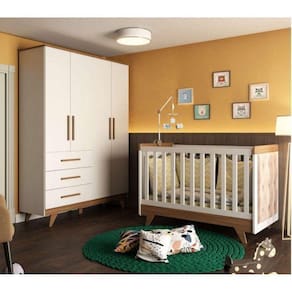 Conjunto para Quarto de Bebê com Guarda Roupa 4 Portas e Berço com Capitone Retrô Móveis Peroba Branco Brilho/Carvalho/Pena Areia