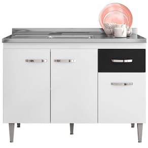 Balcão De Pia Cozinha 3 Portas 120Cm Branco E Preto S/Tampo