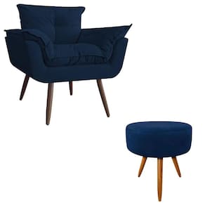 Conjunto Poltrona E Puff Redondo Pés Palito Azul Marinho