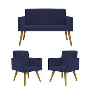 Conjunto 2 Poltronas 1 Namoradeira Pés Palito Azul Marinho