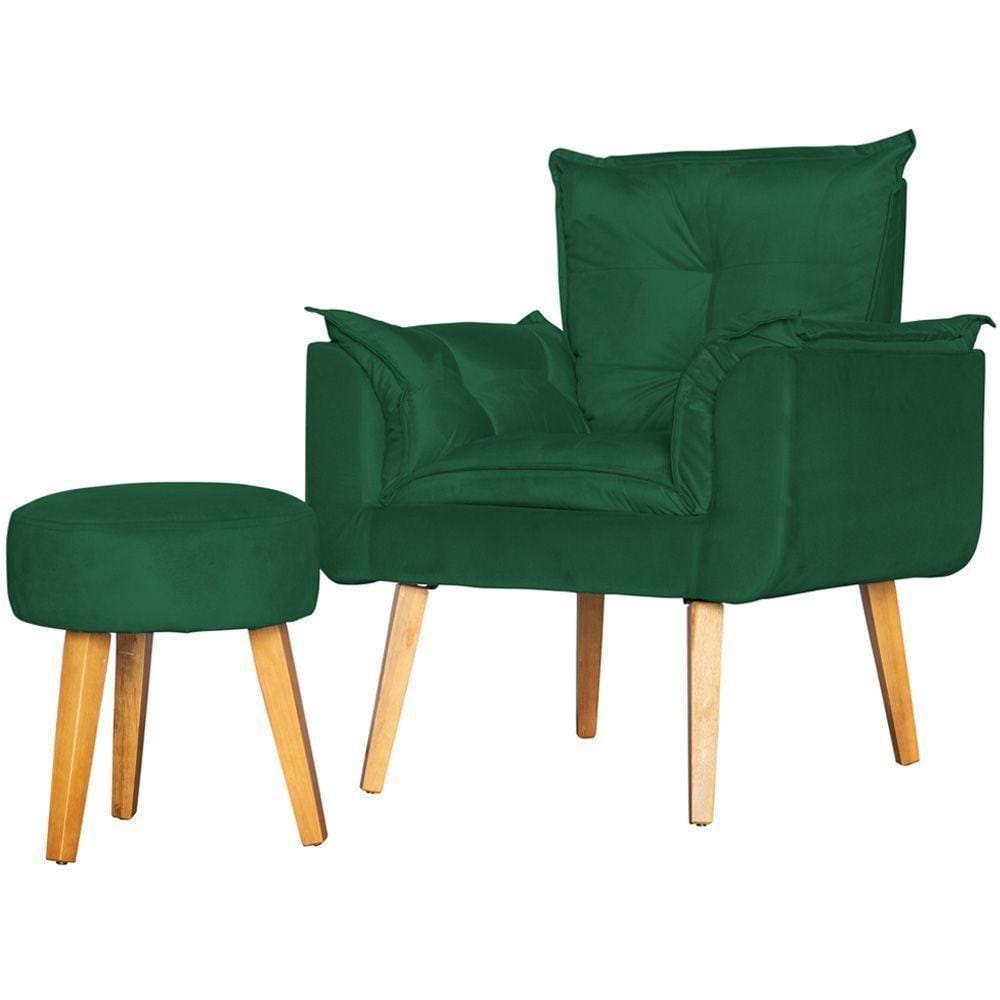 Poltrona P/ Sala Decorativa E Puff Redondo Verde Escuro