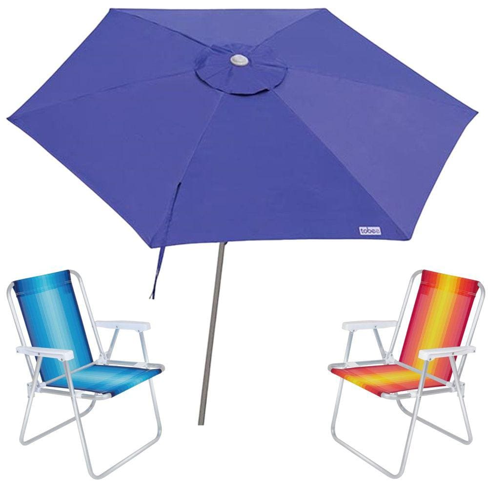 Kit Guarda Sol Ombrelone 2,4m Malibu Azul 2 Cadeira Alta Alumínio Praia Piscina Camping - Tobee