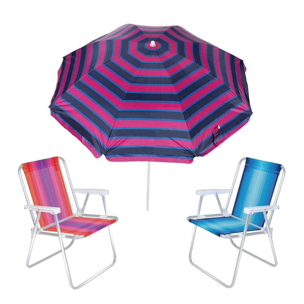 Kit Guarda Sol 1,8m Ipanema Pink 2 Cadeira Alta Alumínio Praia Piscina Camping - Tobee