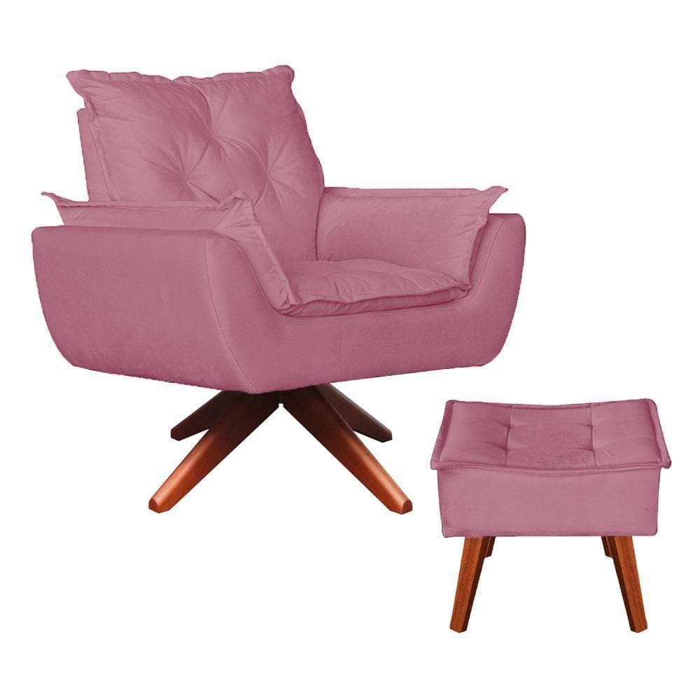 Poltrona Opala Base Giratória + Puff Amamentação Rosa Bebê