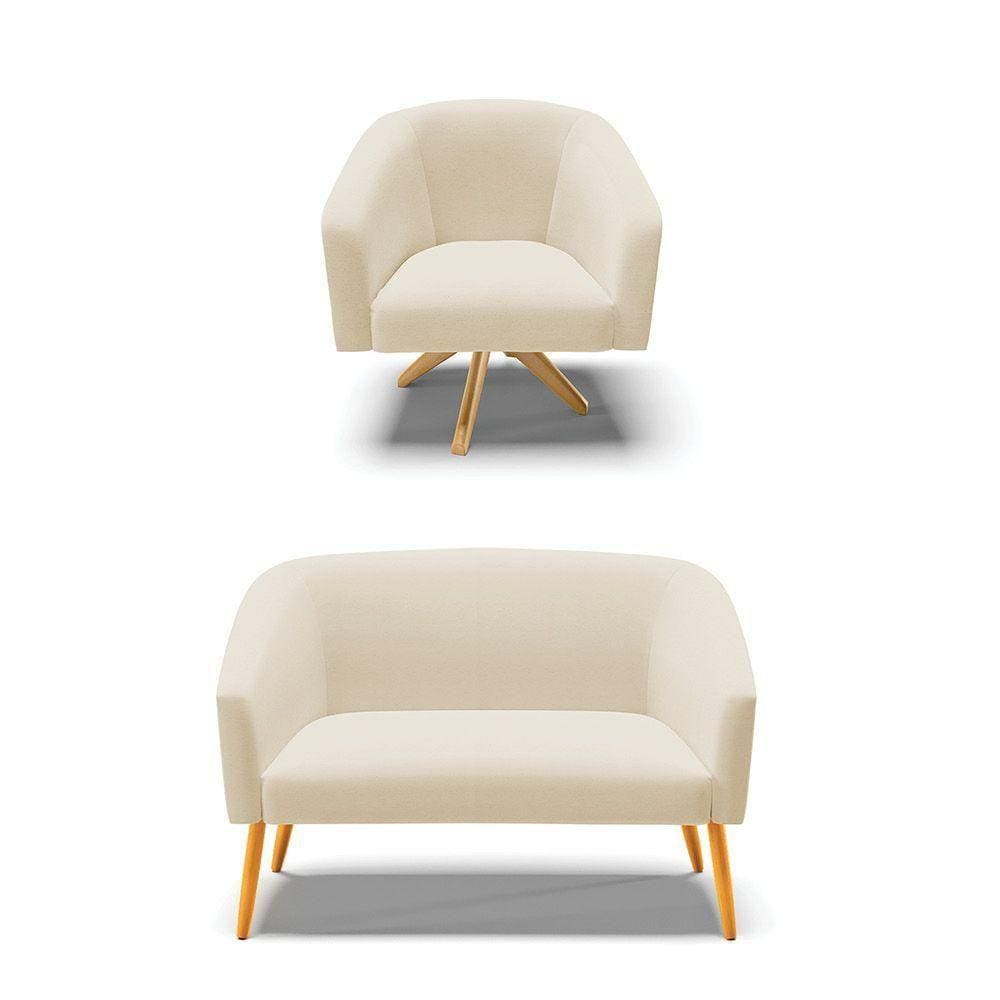 Kit 1 Namoradeira E 1 Poltrona Base Madeira A19 Bege