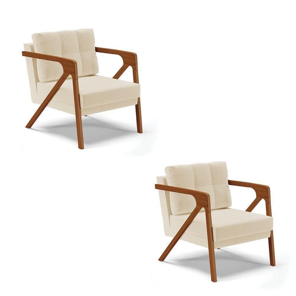 Kit 02 Poltronas Linho Grosso Bege Base De Madeira Castanho