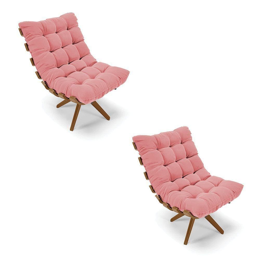 Kit 02 Poltronas Giratória Costela Suede Rosê Base Madeira