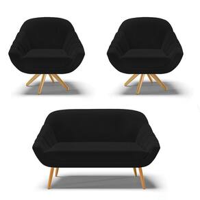 Kit 1 Namoradeira E 2 Poltronas Giratória Linho A79 Preto