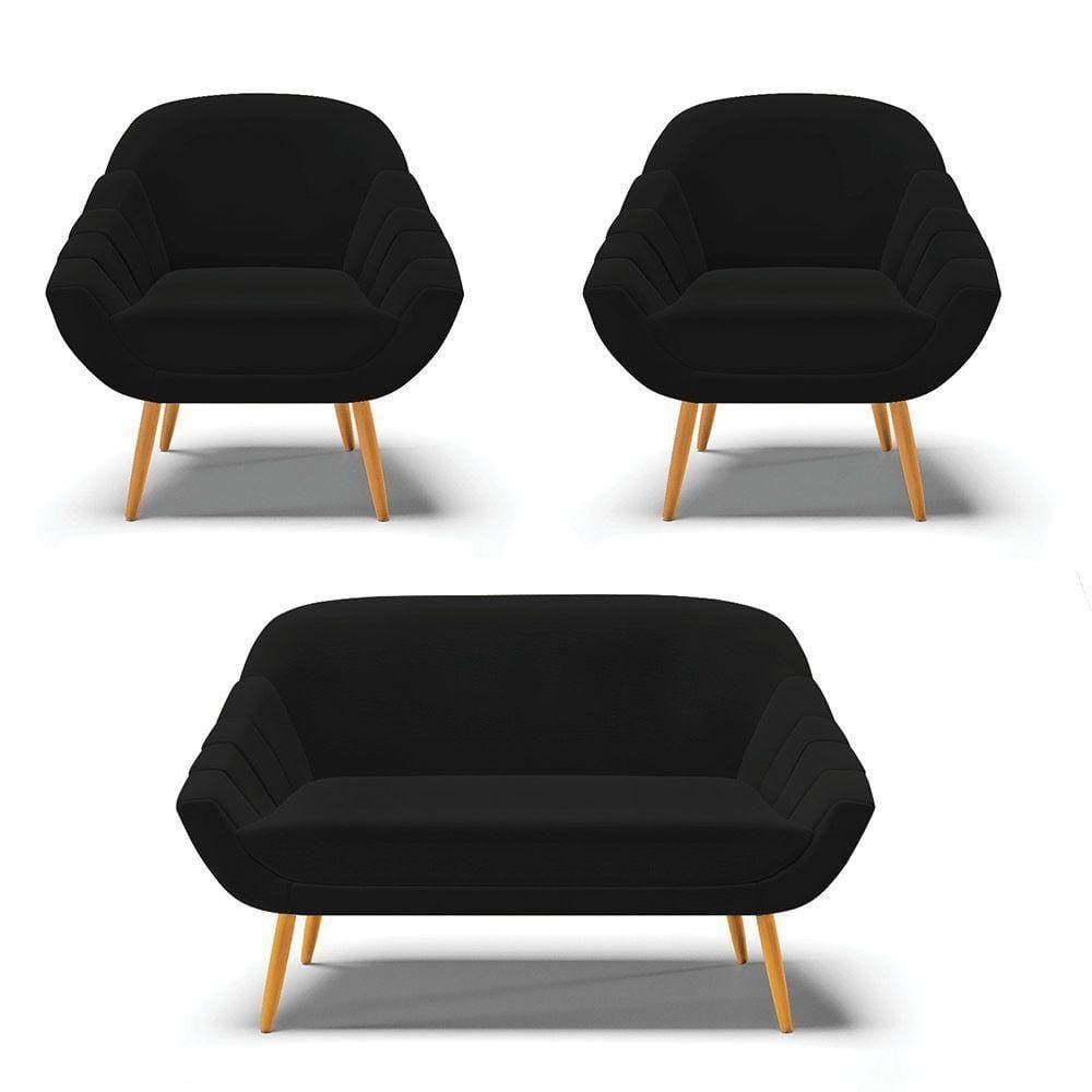Kit 01 Namoradeira E 02 Poltronas Linho Preto A79 Castanho