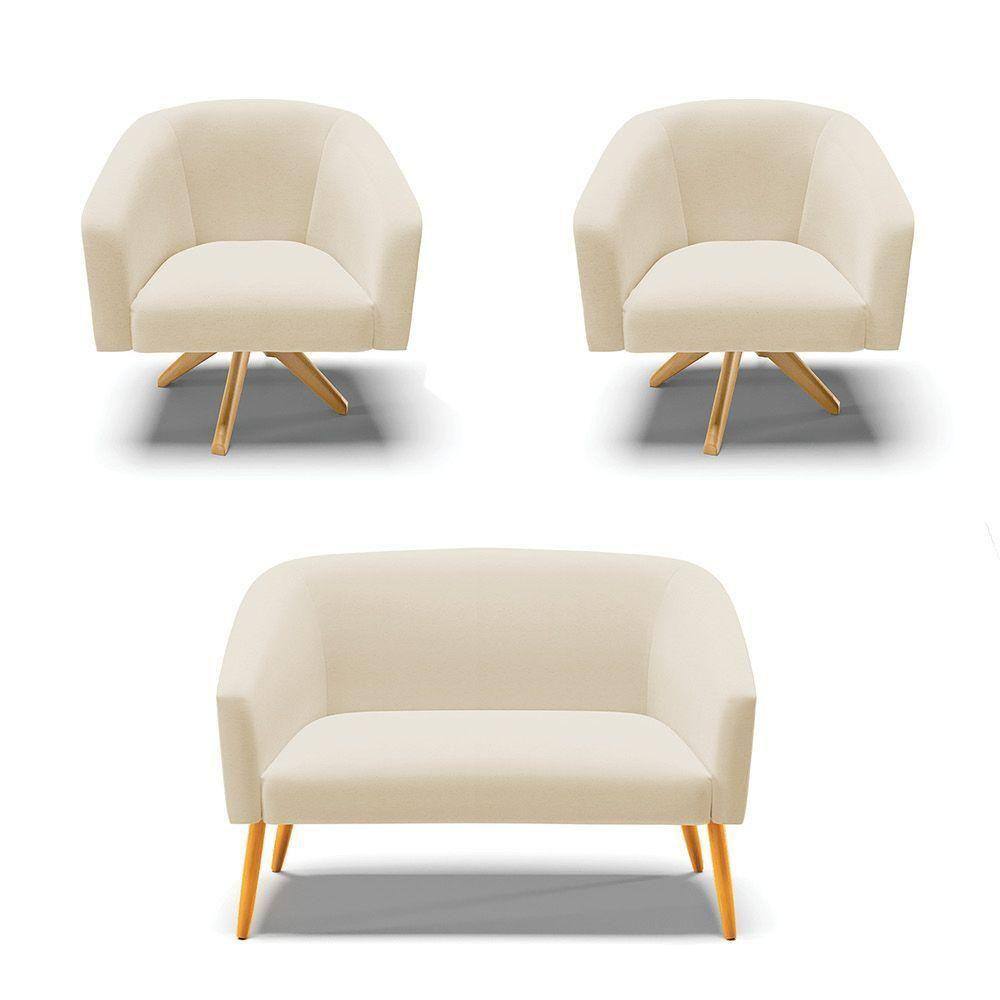 Kit 1 Namoradeira E 2 Poltronas Base Madeira A19 Bege