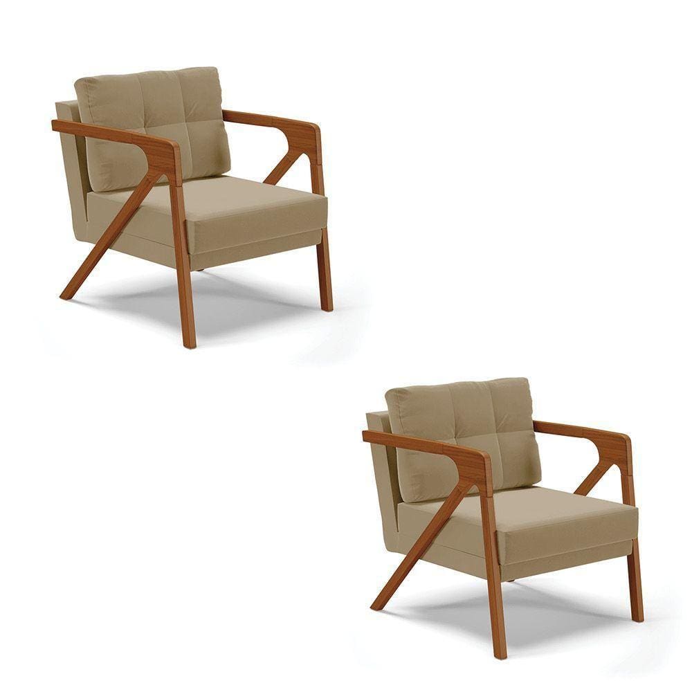 Kit 02 Poltronas Suede Base De Madeira Castanho Marrom Rato