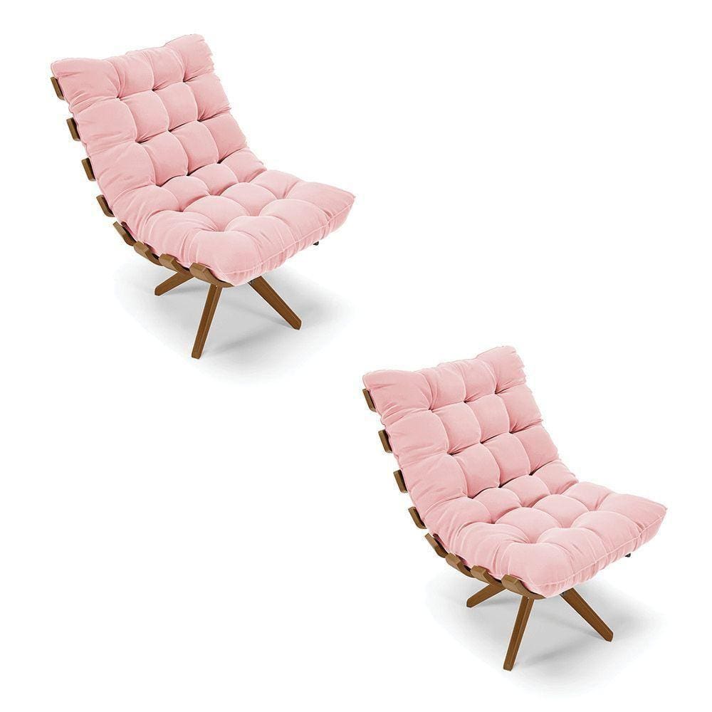 Kit 02 Poltronas Giratória Costela Suede Rosa Base Madeira