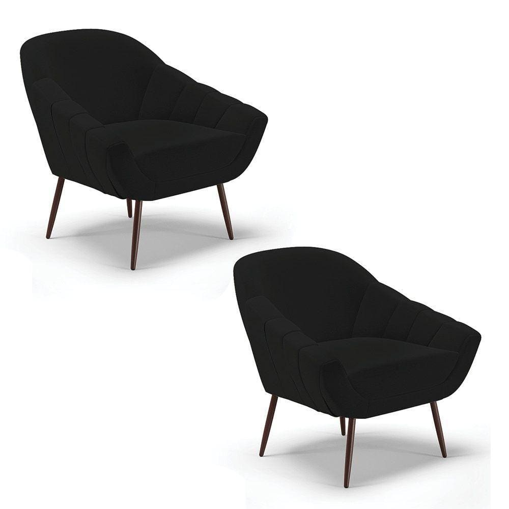 Kit 02 Poltronas Linho Preto A79 Pés Palito Ferro