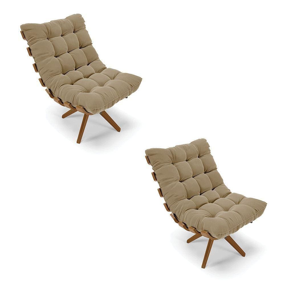 Kit 02 Poltronas Giratória Costela Suede Marrom Rato Base Madeira