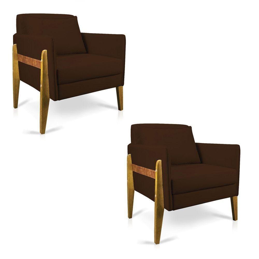 Kit 02 Poltronas Lana Suede Marrom Base De Madeira