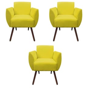 Kit 03 Poltronas Decorativa Kelly Pés Palito Suede Amarelo