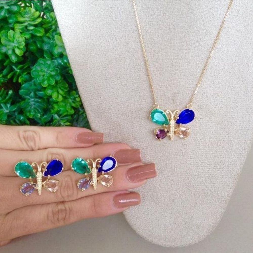 Conjunto Borboleta Colorida Banhada A Ouro