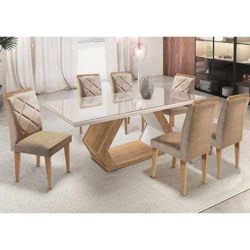 Mesa Alvorada 180 Tp Mdf Vidro canto Reto 6 Cadeiras Rufato