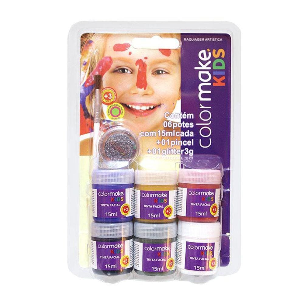 Tinta líquida facial kids 6 cores+1pincel+1glitter Colormake