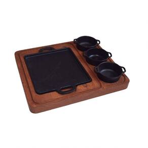 Bifeteira Quadrada Com Suporte De Madeira 20Cm E 3 Molheiras