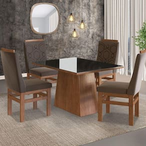 Conjunto Sala de Jantar Mesa 90x120cm Tampo Vidro com 4 Cadeiras Madeira Maciça Tecido Joli Zamarchi Canela/Preto