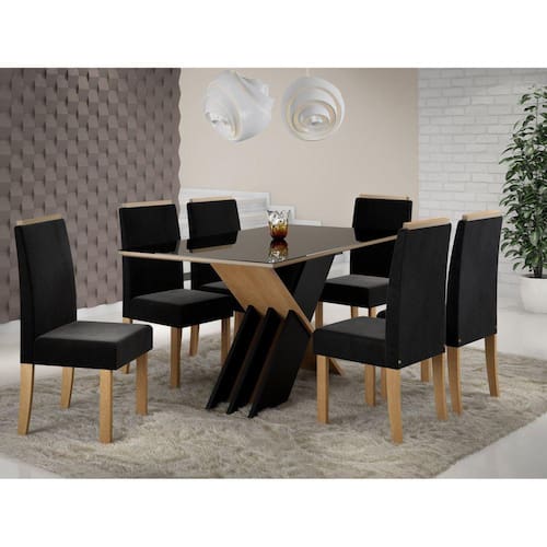 Conjunto Sala de Jantar Mesa Sarah 160cm Tampo Vidro/MDF com 6 Cadeiras Styllo Sonetto Móveis Marrom/Preto