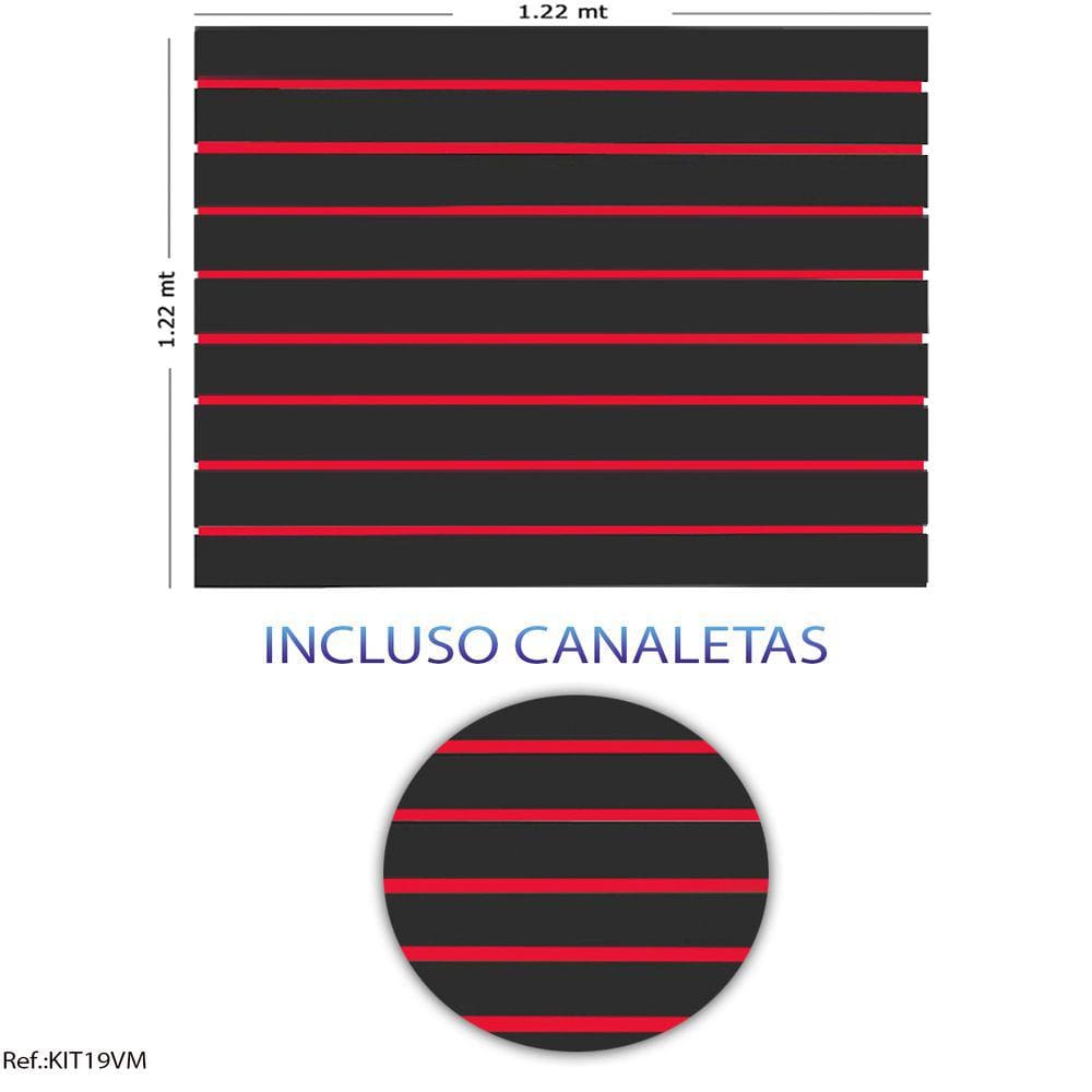 Painel Canaletado Preto - 1,22 x 1,22 + Canaletas Vermelha