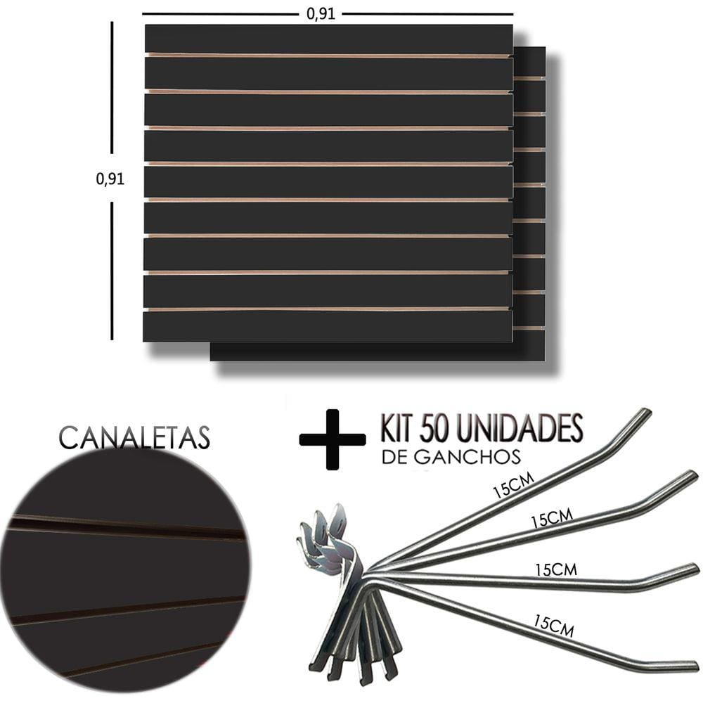2 Paineis Canaletado Preto - 0,91 x 0,91 + 50 Gancho 15cm + Canaletas Preta