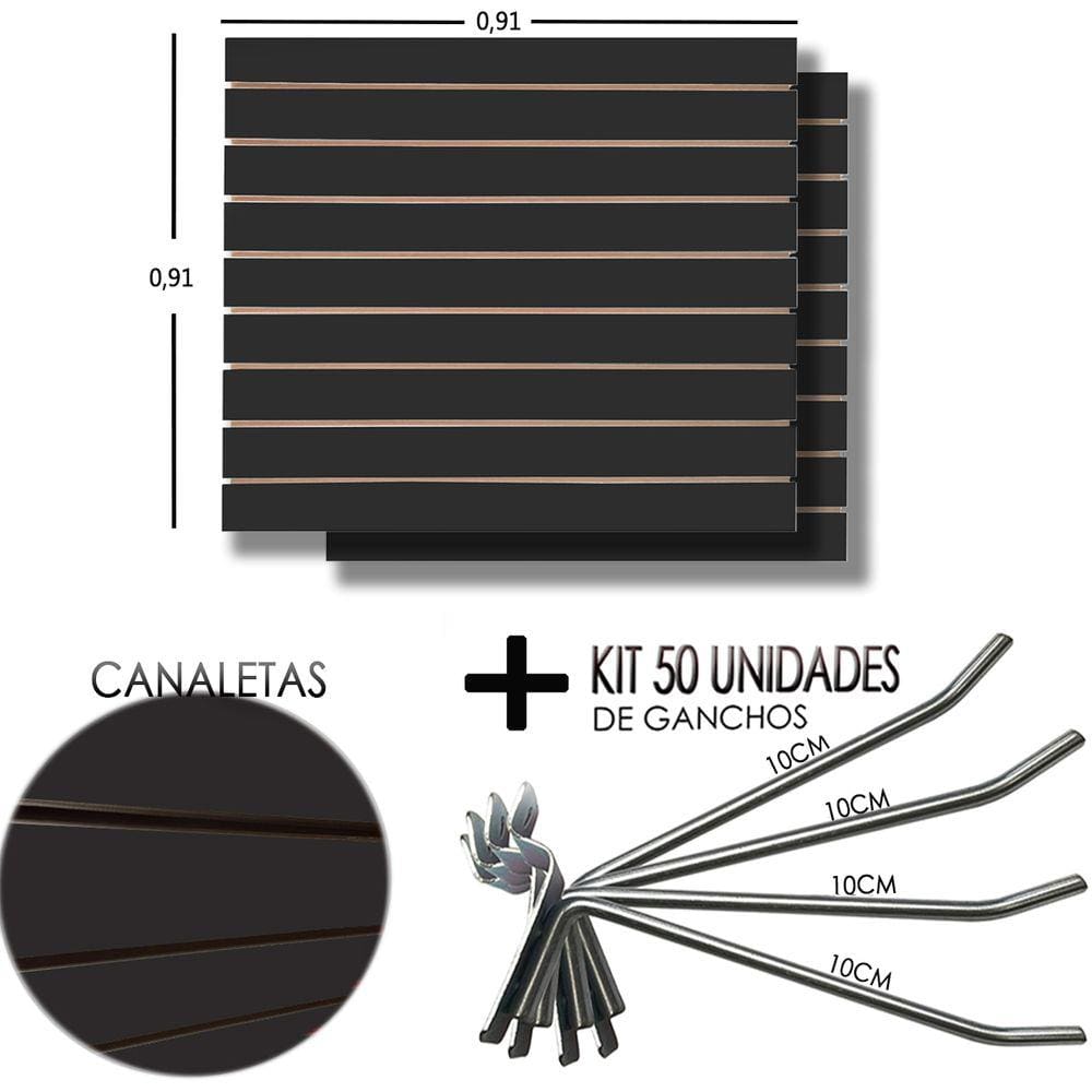 2 Painel Canaletado Preto 91x91 - 50 Ganchos 10cm + Canaletas Pretas