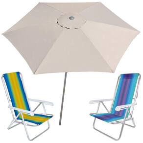 Kit Guarda Sol Ombrelone 2,4m Malibu Bege 2 Cadeira 8 Posições Alumínio Praia Piscina Camping - Tobee