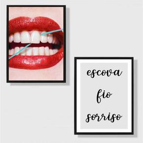 Kit 2 Quadros Para Dentista Escova Fio Sorriso 33X24 Branca