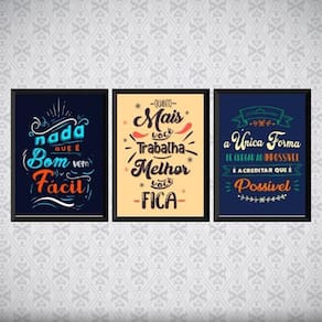Kit 3 Quadros Frases Motivacionais De Trabalho 24X18Cm Preta