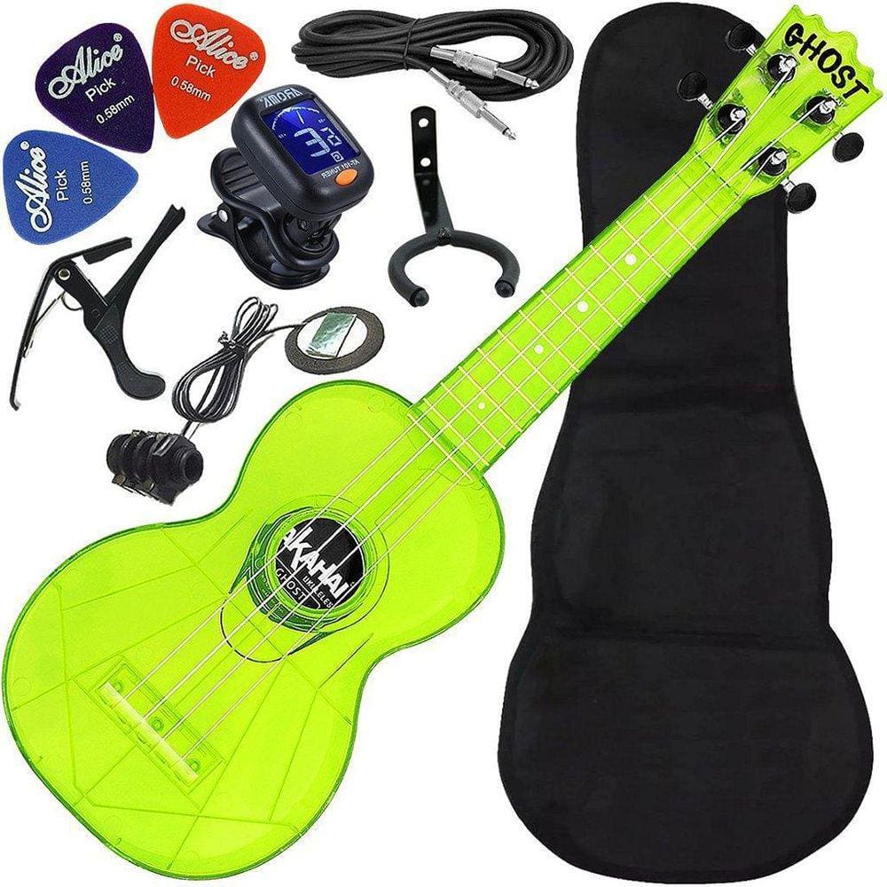 Kit Ukulele Akahai Ghost Soprano Elétrico Ativo Hawaii Lemon