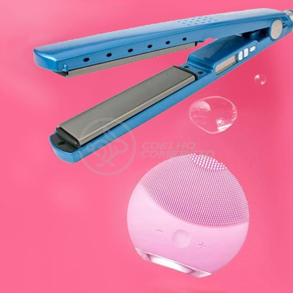Kit 1 Prancha Nanotitanium + 1 Esponja Facial Rosa Bebê Nº19